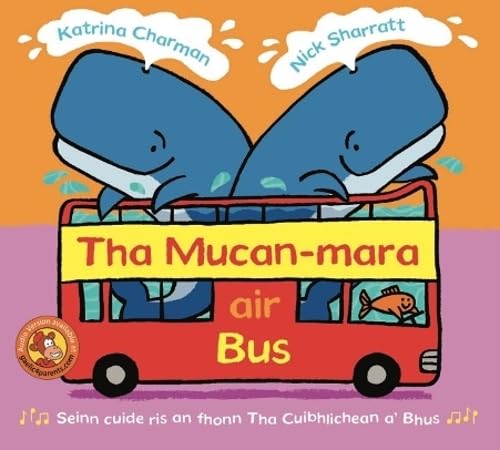 Children’s book cover: two blue whales riding a red double-decker bus.