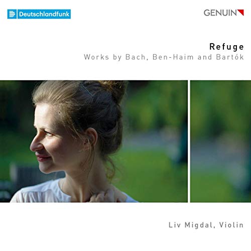 CD cover featuring violinist Liv Migdal with blurred green background.