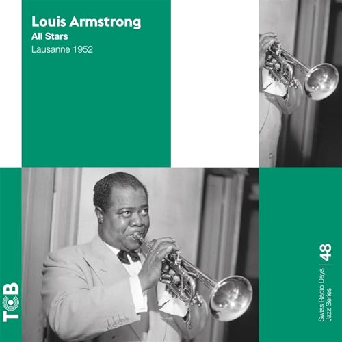 Louis Armstrong playing trumpet, album cover for “Swiss Radio Days Jazz Series.”
