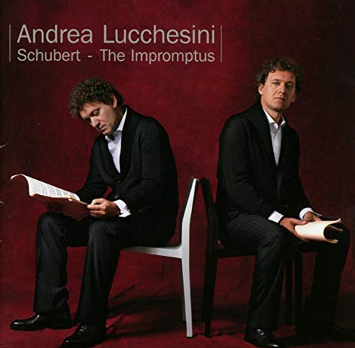 CD cover featuring pianist Andrea Lucchesini and sheet music on a red background.