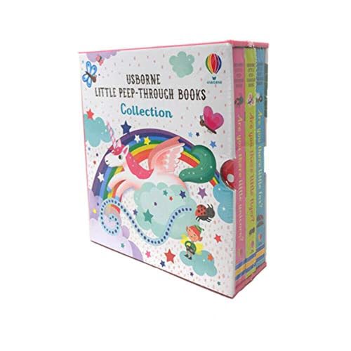 Boxed set of three Usborne "Little Peep-Through" board books with colorful illustrations.