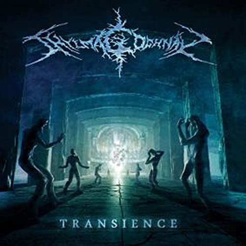 Dark album cover with band logo, figures in a glowing, arched hallway.