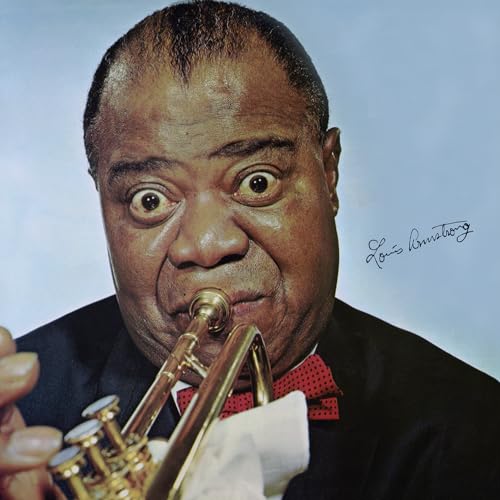 Louis Armstrong portrait, holding a trumpet, album cover.
