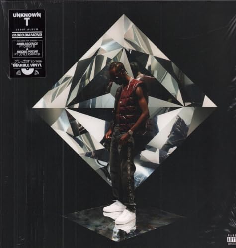 Album cover for Unknown T’s “Blood Diamond,” featuring a rapper and diamond shapes.