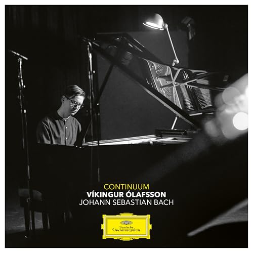 Pianist Víkingur Ólafsson at a grand piano, album cover for Continuum.