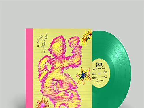 Green vinyl record with yellow and pink scribbled album cover art.