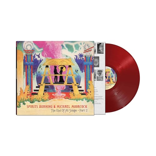 Red vinyl record with colorful album cover depicting surreal architecture.