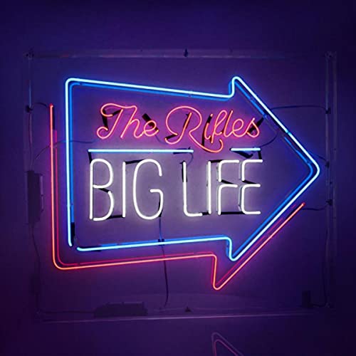 Neon sign shaped like an arrow displays āThe Rifles Big Lifeā album art.