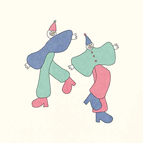 Two stylized clown figures in blue, green, and pink interact.