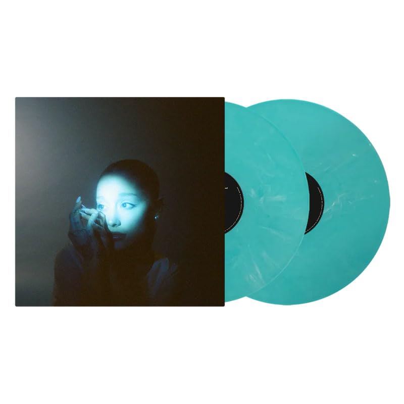 Ariana Grande vinyl album cover and two translucent teal records.