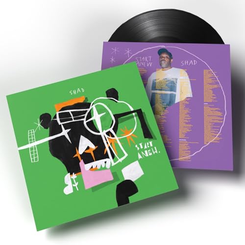 Shad's "Start Anew" vinyl record with abstract green and purple cover art.