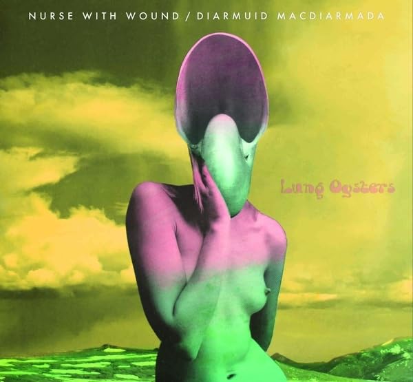 Surreal album cover featuring a pink and green humanoid figure with a beak.