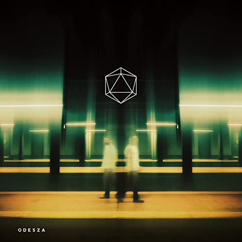 Odesza album cover with geometric shape and blurred figures in green tones.