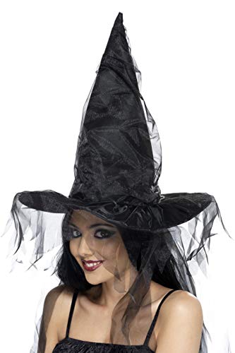 Smiffys Witches Hat with Long Net Hair - Black