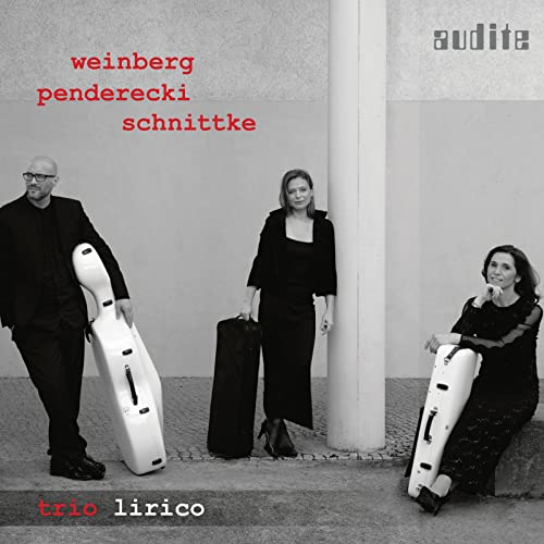 CD cover featuring three musicians with string instruments in cases.