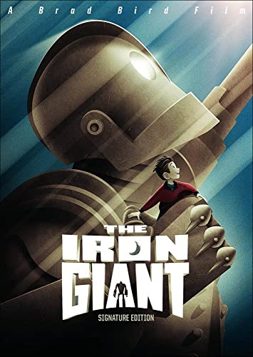 The Iron Giant stands behind a young boy on this movie cover art.