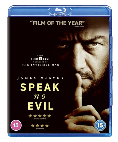 Blu-ray cover of Speak No Evil featuring James McAvoy withP holding aC a finger to lips.
