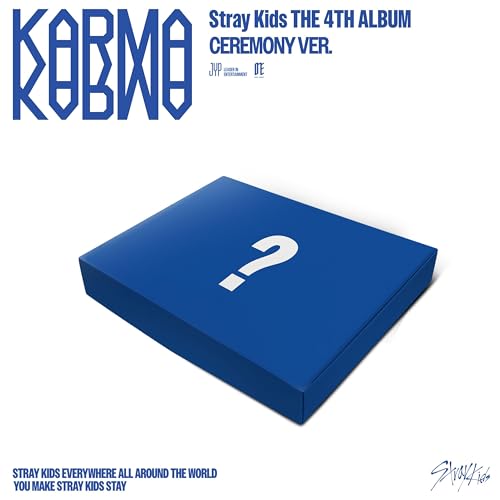 Blue Stray Kids album "KARMA" with a white question mark design.