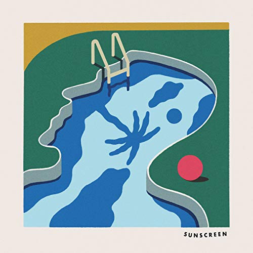 CD cover art: aerial view of a blue swimming pool and red sun.