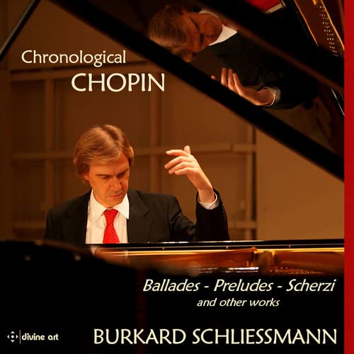 Pianist Burkard Schliessmann playing a grand piano, reflected in the piano lid.