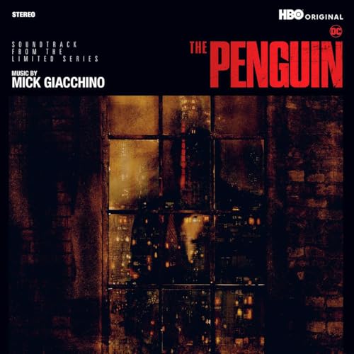 Album cover for The Penguin soundtrack by Mick Giacchino featuring a dark window reflection.