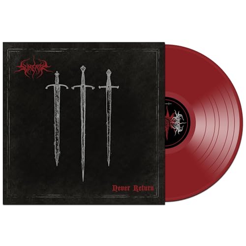 Red vinyl record with black cover featuring swords and ornate logo.