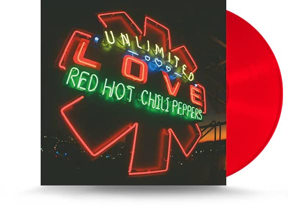Red Hot Chili Peppers "Unlimited Love" vinyl record with red neon sign and disc.