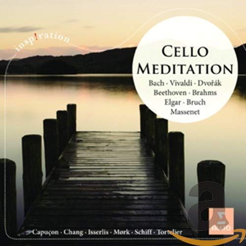 CD cover: wooden dock at sunset with "Cello Meditation" text.