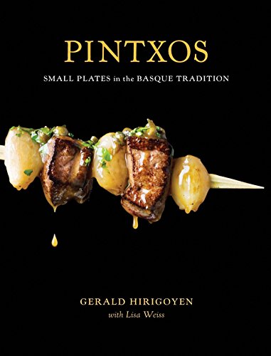Cookbook cover featuring a skewer of meat and potatoes, titled "Pintxos.