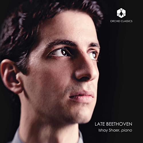 Close-up portrait of pianist Ishay Shaer, album cover for "Late Beethoven.