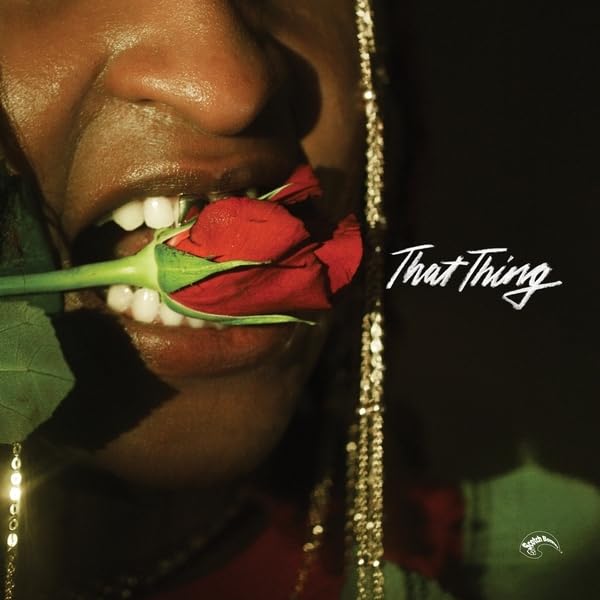 Close-up of a person holding a red rose in their mouth, album art.