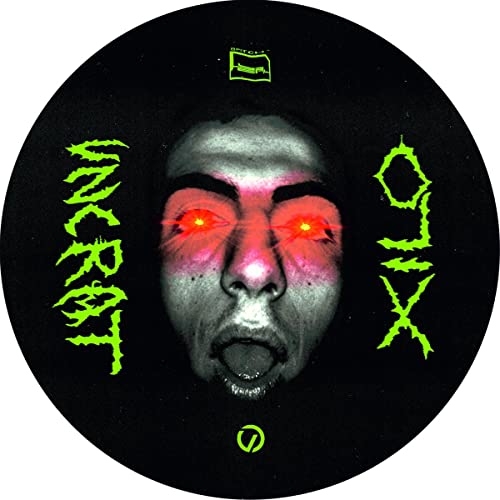 Vinyl record label with a distorted face and glowing red eyes.