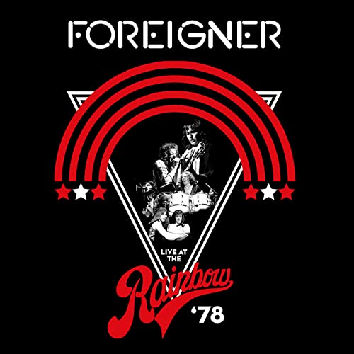 Foreigner album cover: band photo within a red rainbow graphic.