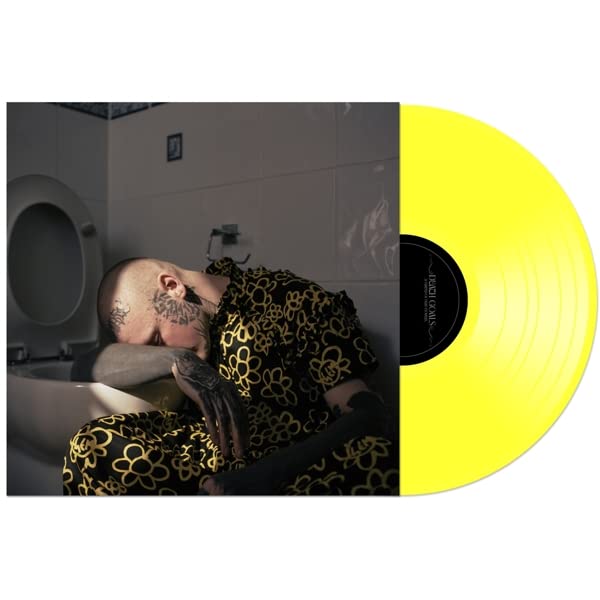 Vinyl record with album cover depicting a person in a floral robe in a bathroom.