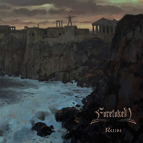 Painting of ruins by the sea, with a figure on a cliff.