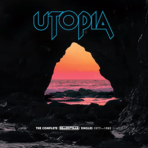 Utopia album cover: cave opening with sunset over ocean view.