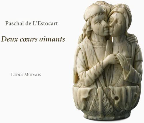 Ivory carving of two figures embracing, album cover for "Deux coeurs aimants".