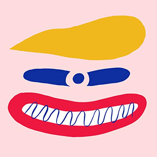 Abstract face with yellow, blue, and red shapes on a pink background.