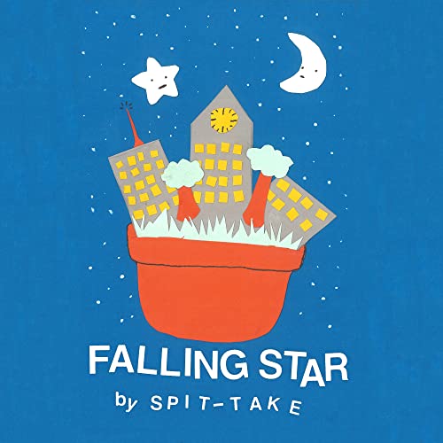 Blue album cover with cartoon city, star, moon, and red flowerpot.