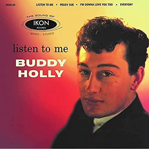 Buddy Holly portrait on a pink and orange vinyl record album cover.