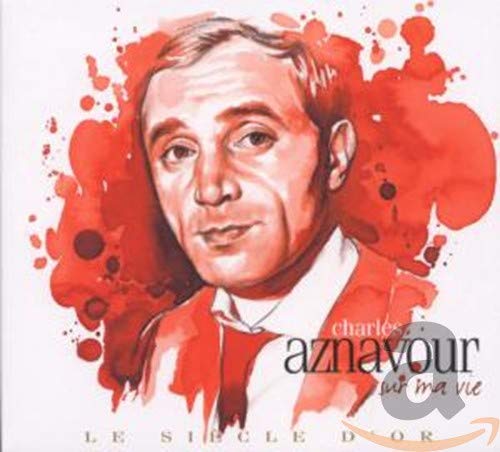 CD cover featuring a portrait of Charles Aznavour with red paint splatters.