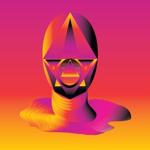 Geometric face in orange, purple, and pink gradient against a yellow background.