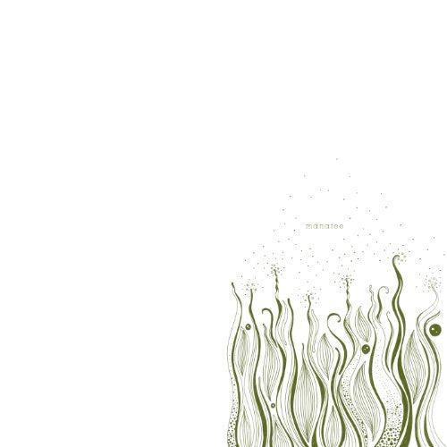 Manatee album cover: abstract green seaweed illustration on white background.