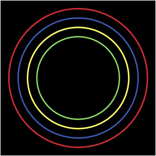 Black background with four concentric circles in red, blue, yellow, and green.