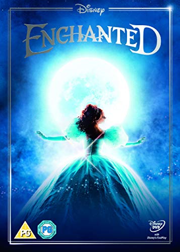 Enchanted" DVD cover featuring a woman in a green gown with outstretched arms.