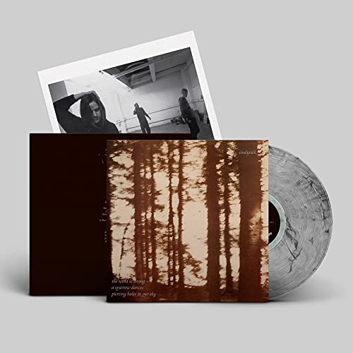 Vinyl record with marbled grey coloring and album artwork featuring trees.