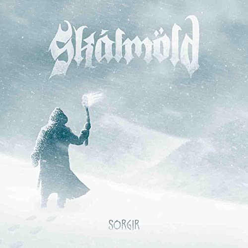 Album cover for Skalmold’s “Sorgir” featuring a hooded figure in a snowy landscape.