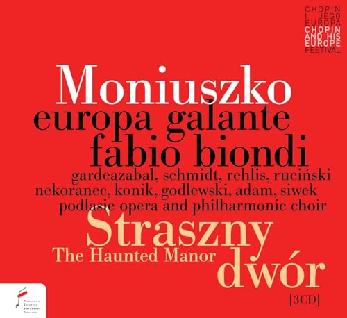 CD cover for "The Haunted Manor" by Moniuszko, red background, white text.