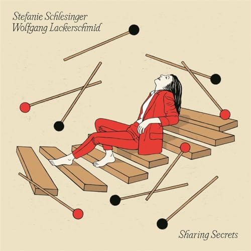 Illustration of a person in a red suit reclining on wooden steps with mallets.
