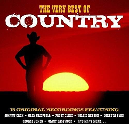 Silhouette of a cowboy against a bright red sunset on a music album cover.